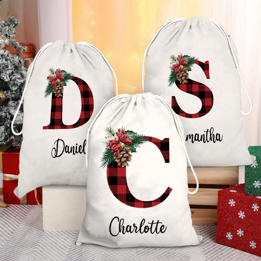 Custom Name Buffalo Plaid Santa Gift Bag - Personalized Santa Sack - Christmas Gift For Family