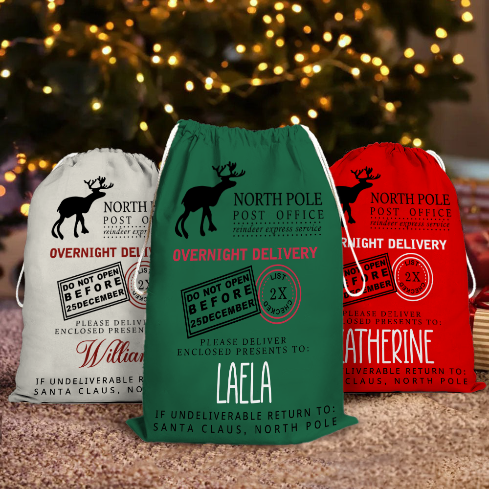 Custom Name North Pole Post Office Santa Gift Bag - Personalized Santa Sack - Christmas Gift For Family, Kids, Grandkids