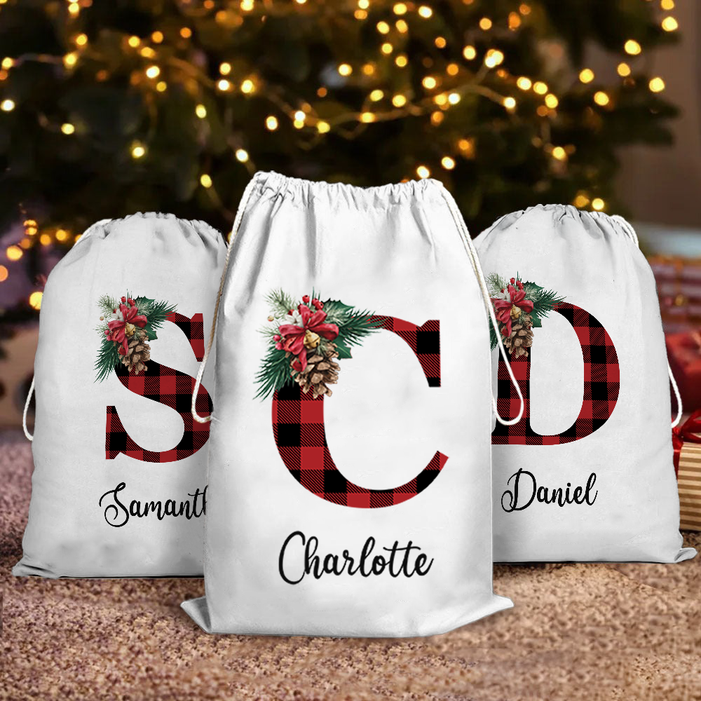 Custom Name Buffalo Plaid Santa Gift Bag - Personalized Santa Sack - Christmas Gift For Family