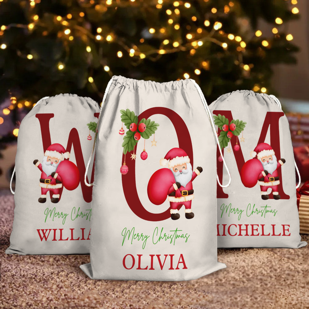 Custom Name &amp; Initial Santa Gift Bag - Personalized Santa Sack - Christmas Gift For Family, Kids, Grandkids