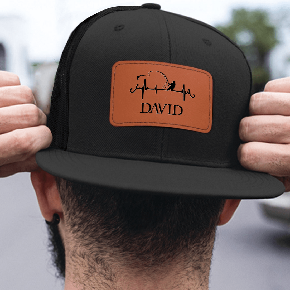 Personalized Fishing Trucker Hat leather patch hat, alternate view 6