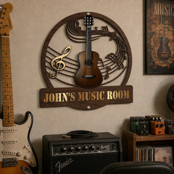 Guitar Music Room, Custom Name & Guitar Type - Personalized Custom Shaped Metal Sign - Guitar Lovers Gifts