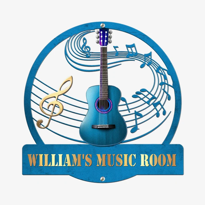 Round metal guitar music room sign with custom name, alternate view 2