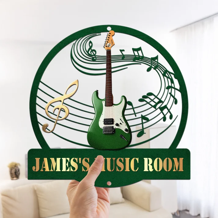 Round metal guitar music room sign with custom name, alternate view 3