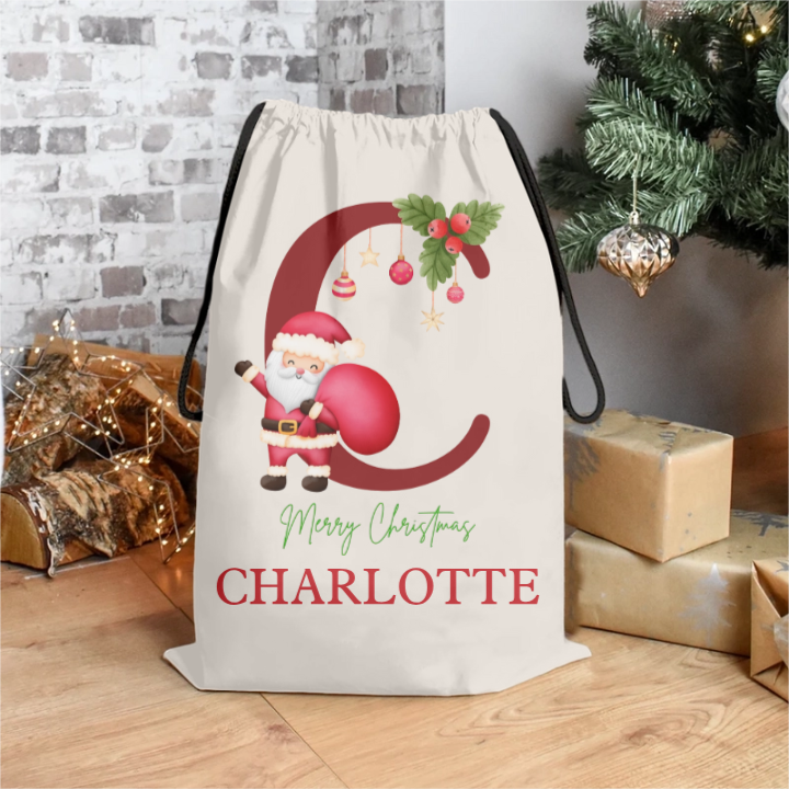 Custom Name & Initial Santa Gift Bag - Personalized Santa Sack - Christmas Gift For Family, Kids, Grandkids