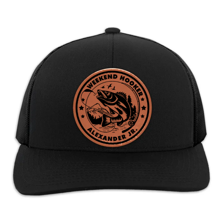 Weekend Hooker Funny Fishing - Personalized Leather Patch Hat - Gift for Him, Husband, Daddy, Fishing Lovers