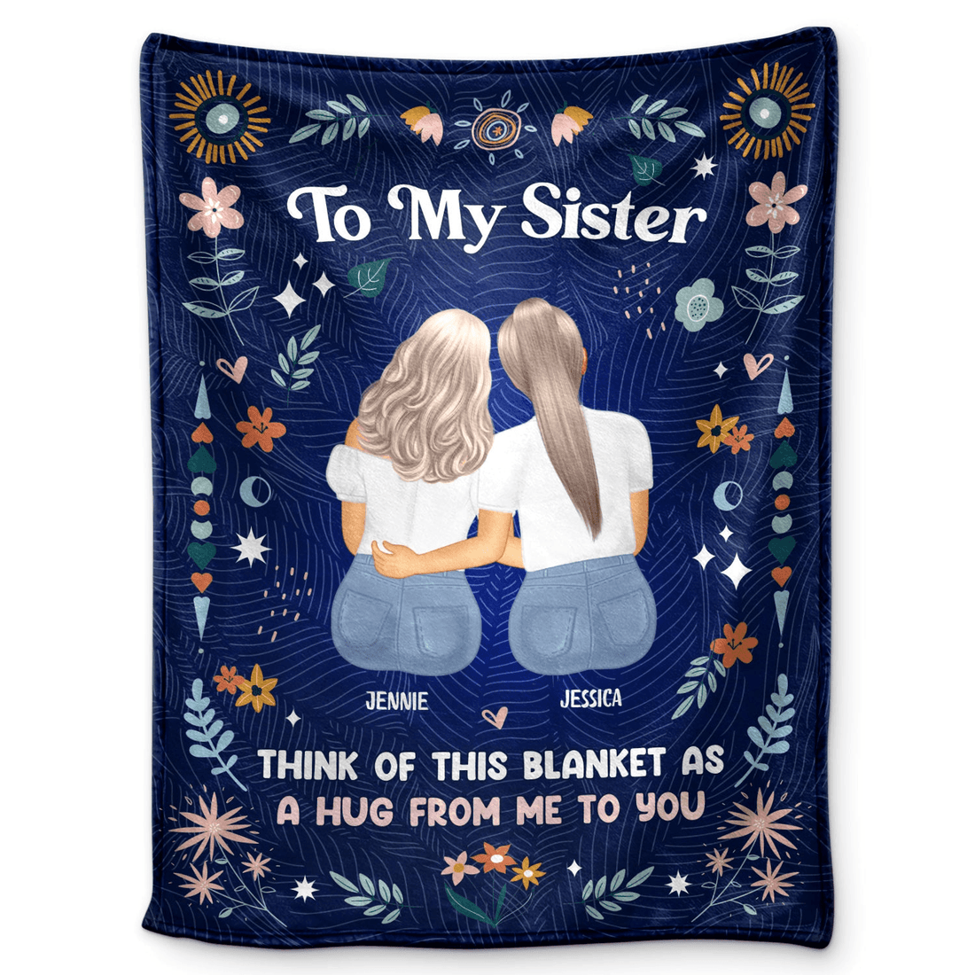 Personalized Sister or Bestie's Personalized Hug Blanket fleece blanket, held up in a bright room, alternate design