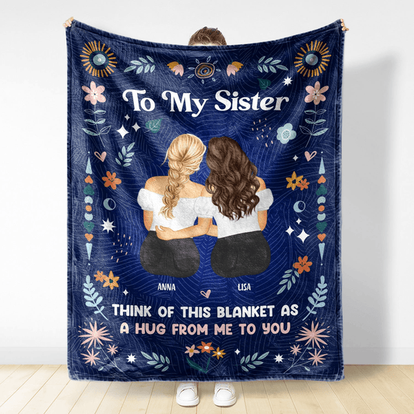 Sister or Bestie's Personalized Hug Blanket: Custom Character Illustration with Names - Heartfelt Birthday or Long-Distance Gift for Her