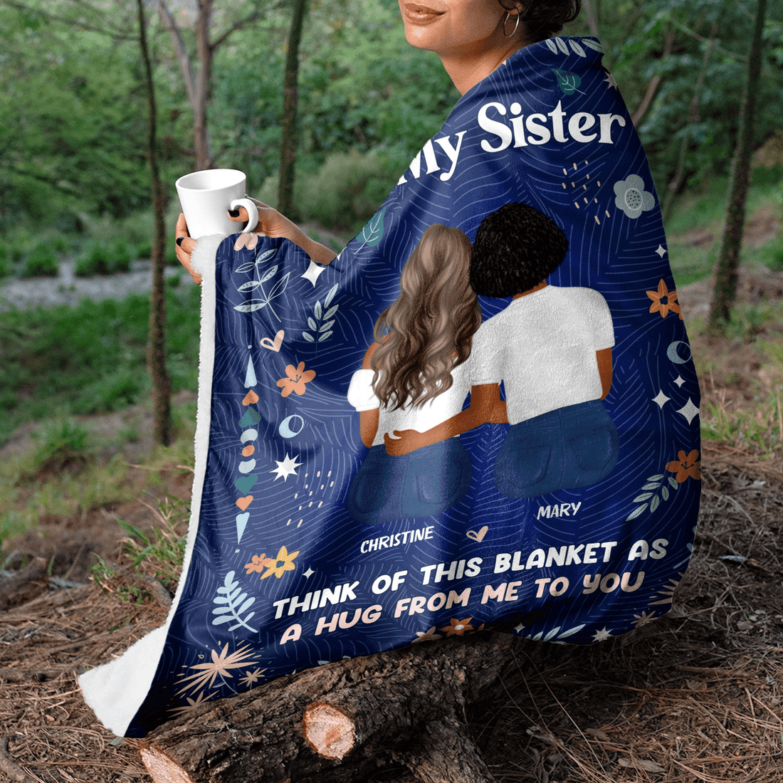 Personalized Sister or Bestie's Personalized Hug Blanket fleece blanket, spread across a bed