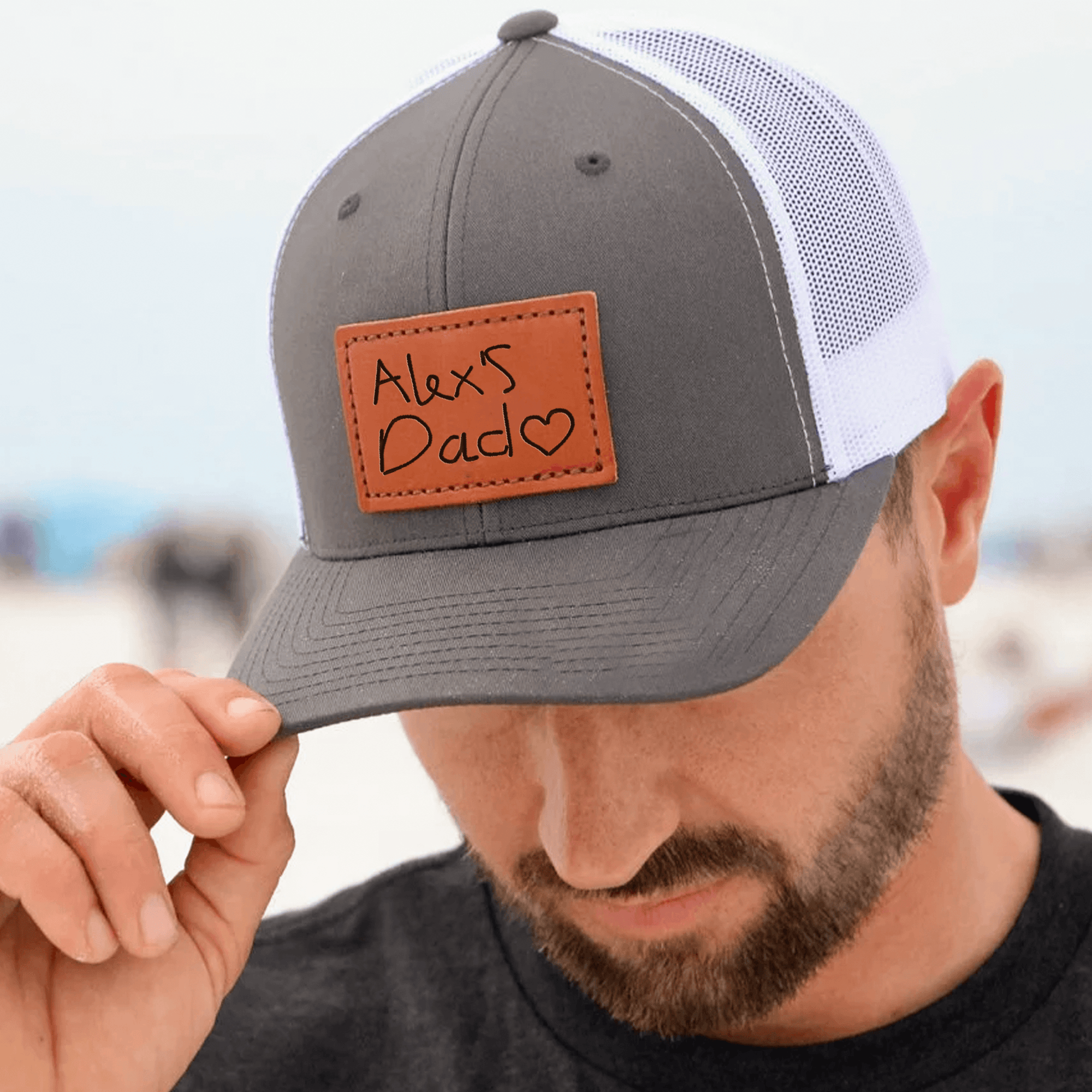 Custom Kids Handwriting Trucker Hat - Engraved Leather Patch Hat - Father's Day Gift for Him, Husband, Daddy, Grandpa | From Daughter, Kid, Son