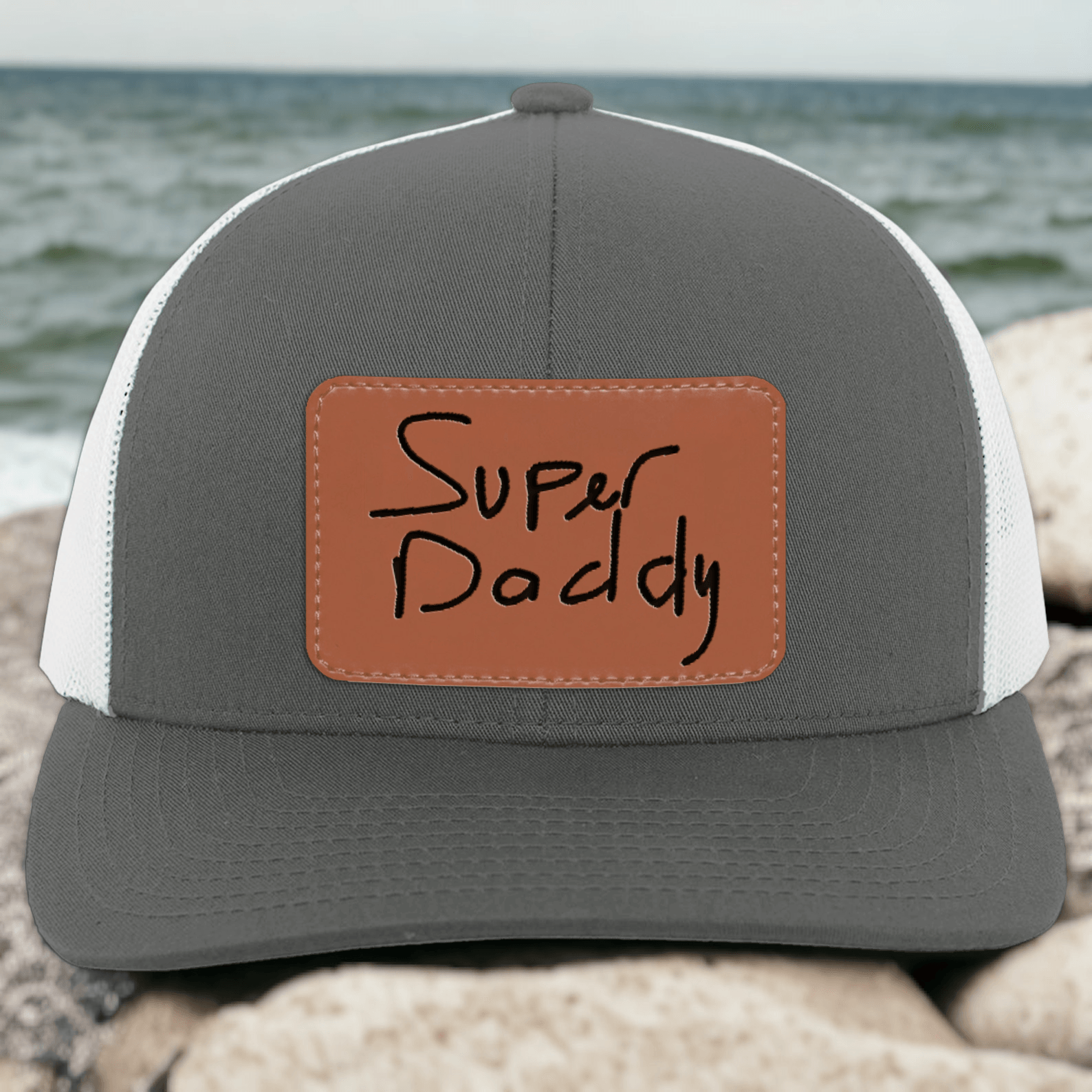Custom Kids Handwriting Trucker Hat - Engraved Leather Patch Hat - Father's Day Gift for Him, Husband, Daddy, Grandpa | From Daughter, Kid, Son