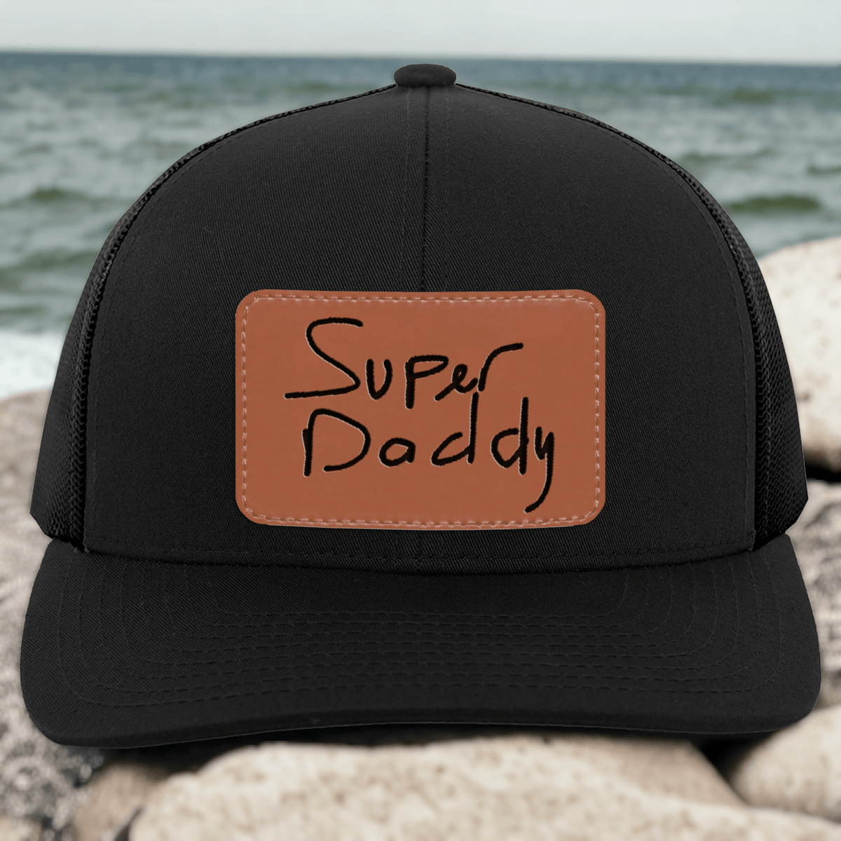 Custom Kids Handwriting Trucker Hat - Engraved Leather Patch Hat - Father's Day Gift for Him, Husband, Daddy, Grandpa | From Daughter, Kid, Son