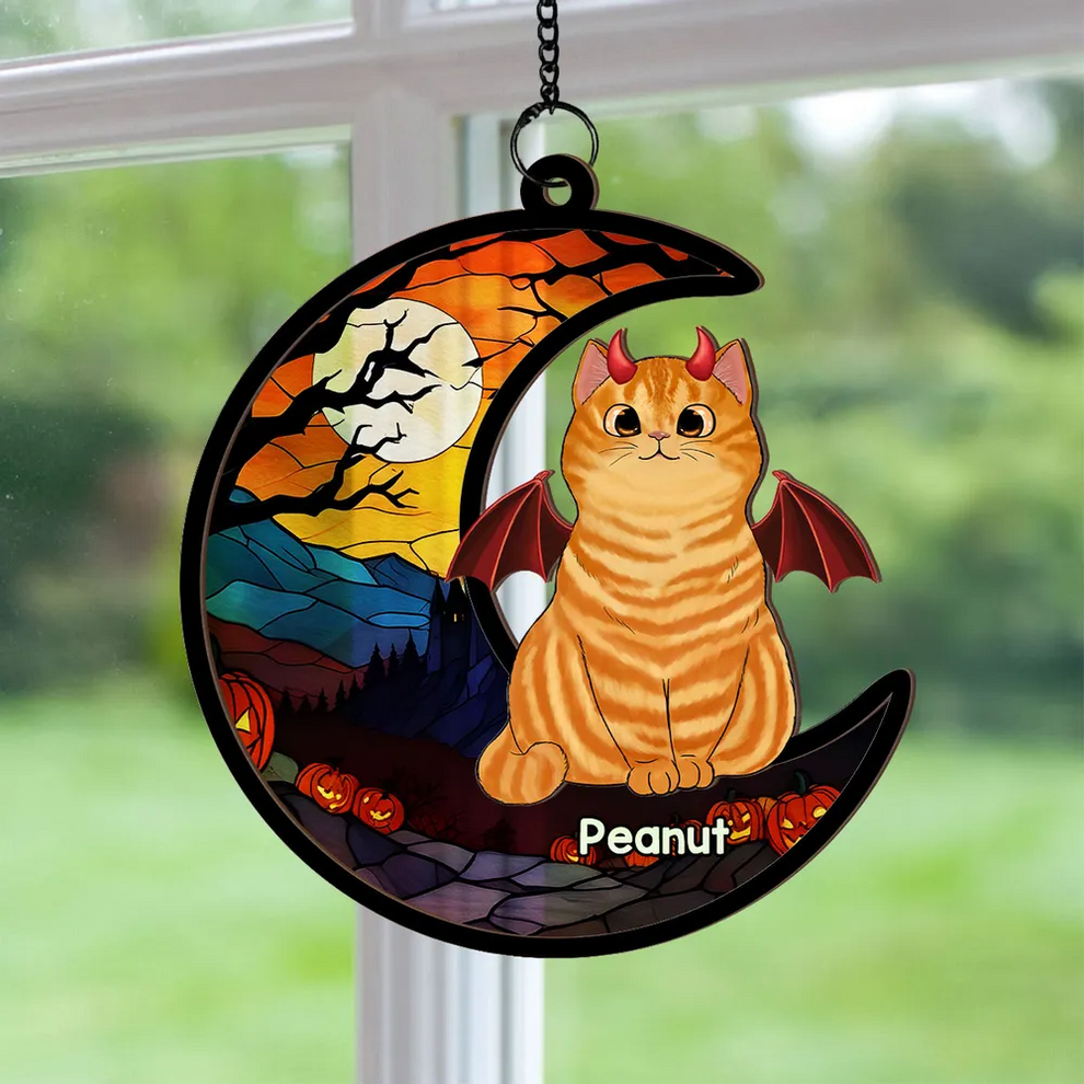 Halloween Cat On Moon - Personalized Window Hanging Suncatcher Ornament - Gift For Cat Mom, Cat Dad, Cat Lovers