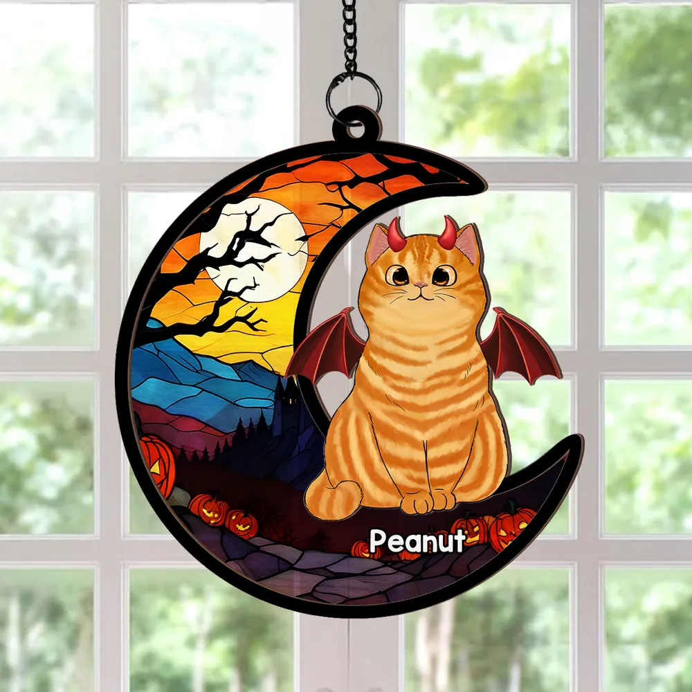 Halloween Cat On Moon - Personalized Window Hanging Suncatcher Ornament - Gift For Cat Mom, Cat Dad, Cat Lovers