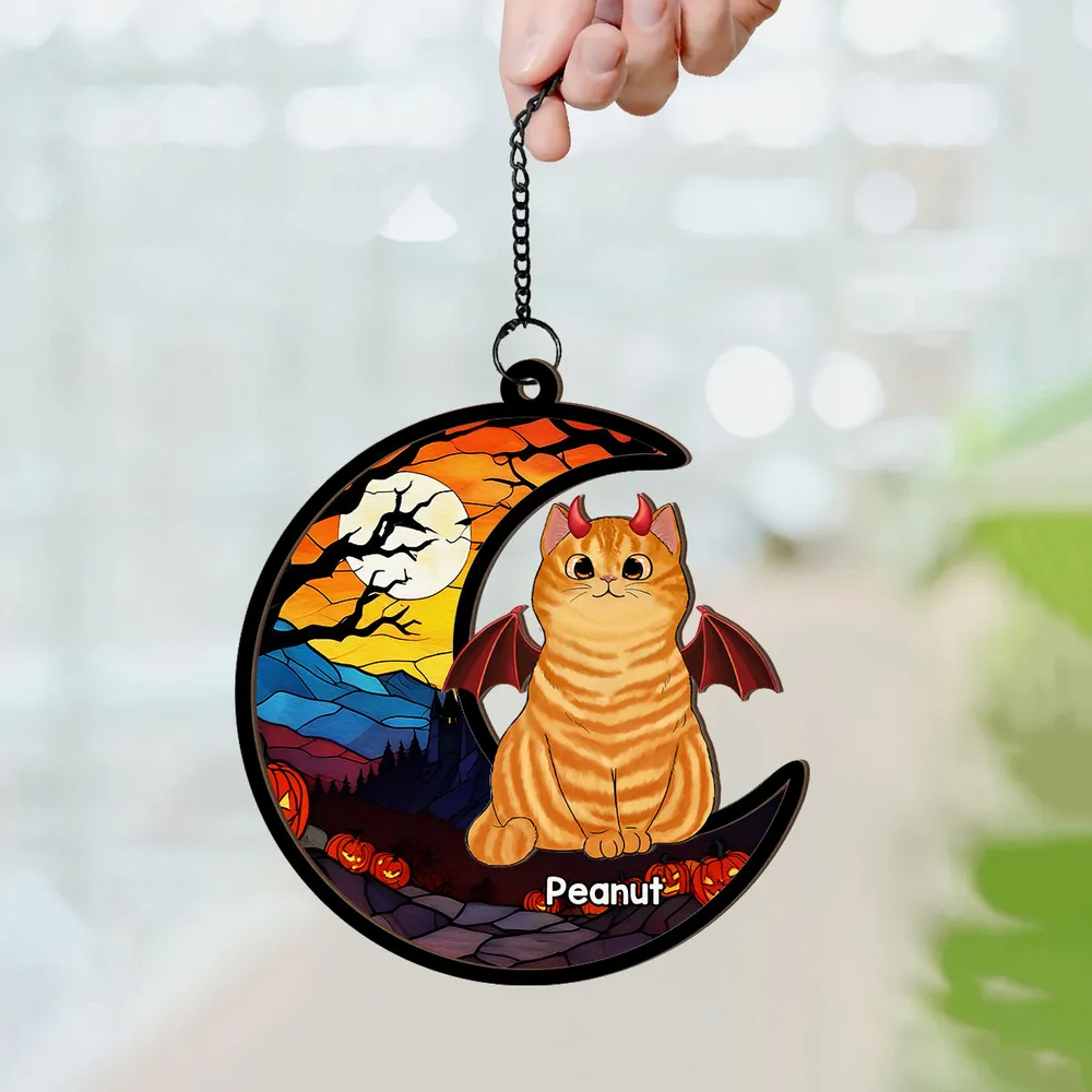 Halloween Cat On Moon - Personalized Window Hanging Suncatcher Ornament - Gift For Cat Mom, Cat Dad, Cat Lovers