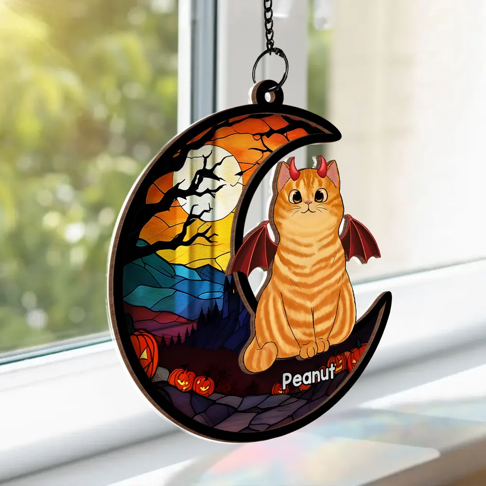 Halloween Cat On Moon - Personalized Window Hanging Suncatcher Ornament - Gift For Cat Mom, Cat Dad, Cat Lovers