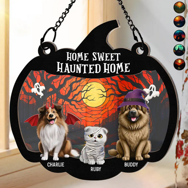 Halloween Home Sweet Haunted Home Pet Lovers - Personalized Window Hanging Suncatcher Ornament - Gift For Dog/Cat Owners, Dog/Cat Lovers