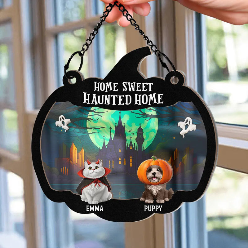 Halloween Home Sweet Haunted Home Pet Lovers - Personalized Window Hanging Suncatcher Ornament - Gift For Dog/Cat Owners, Dog/Cat Lovers
