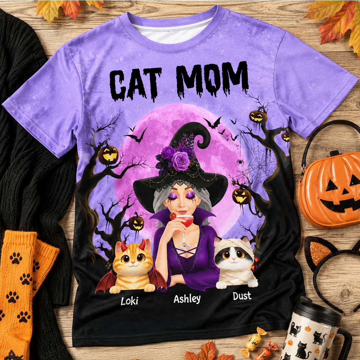 Halloween Theme Spooky Cat Mom Witch - Personalized All-Over Print T-Shirt - Halloween Gift for Cat Lovers, Cat Mom