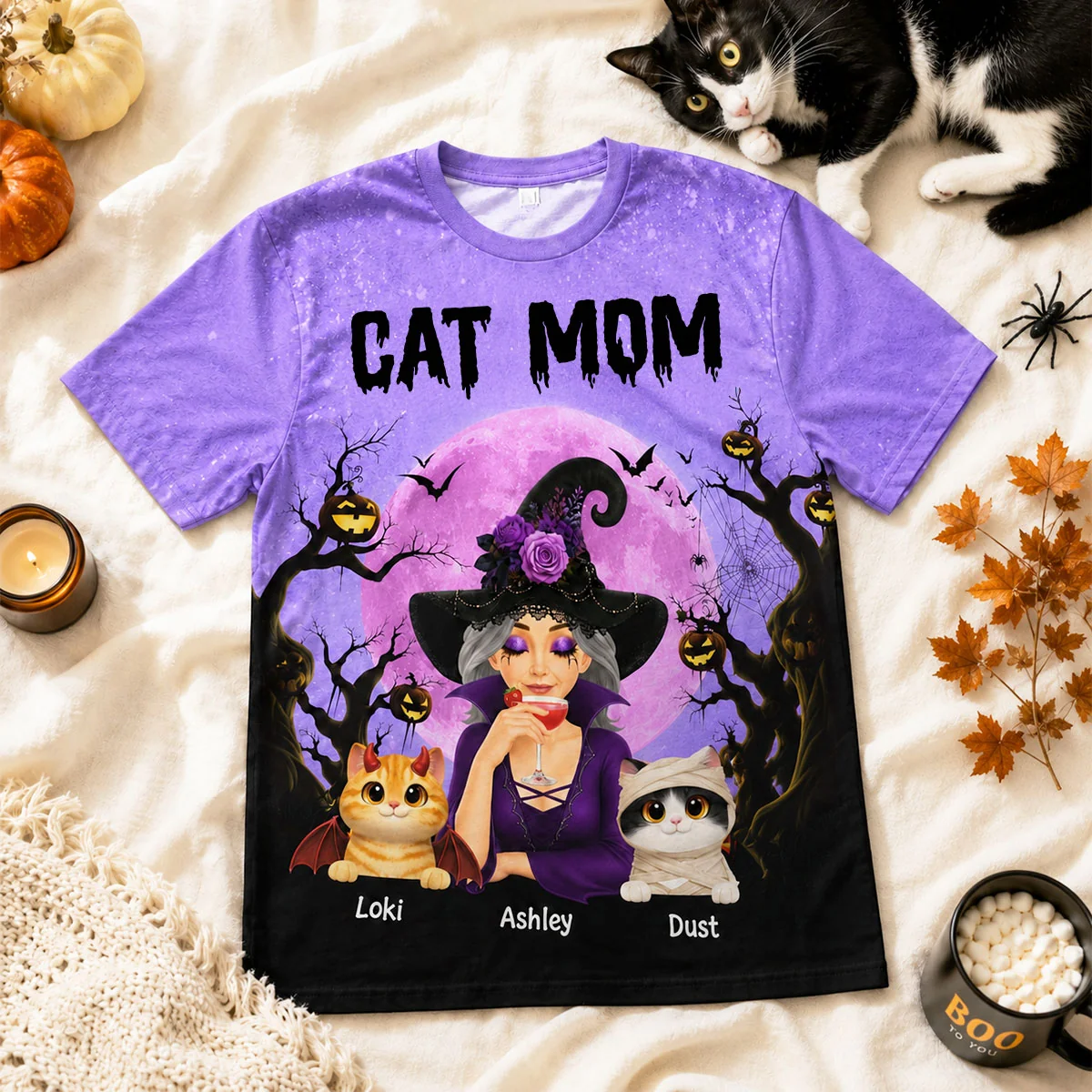 Halloween Theme Spooky Cat Mom Witch - Personalized All-Over Print T-Shirt - Halloween Gift for Cat Lovers, Cat Mom