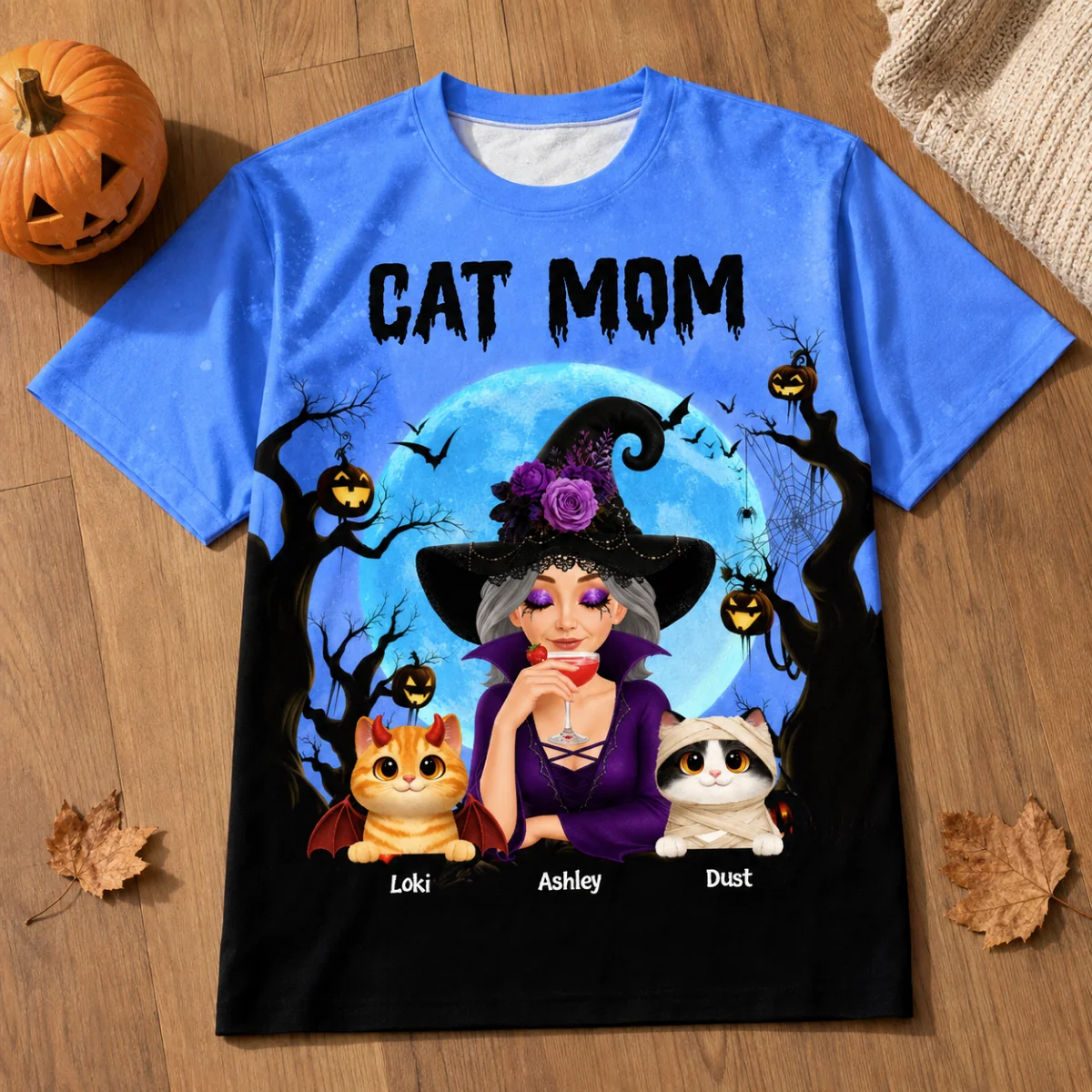 Halloween Theme Spooky Cat Mom Witch - Personalized All-Over Print T-Shirt - Halloween Gift for Cat Lovers, Cat Mom