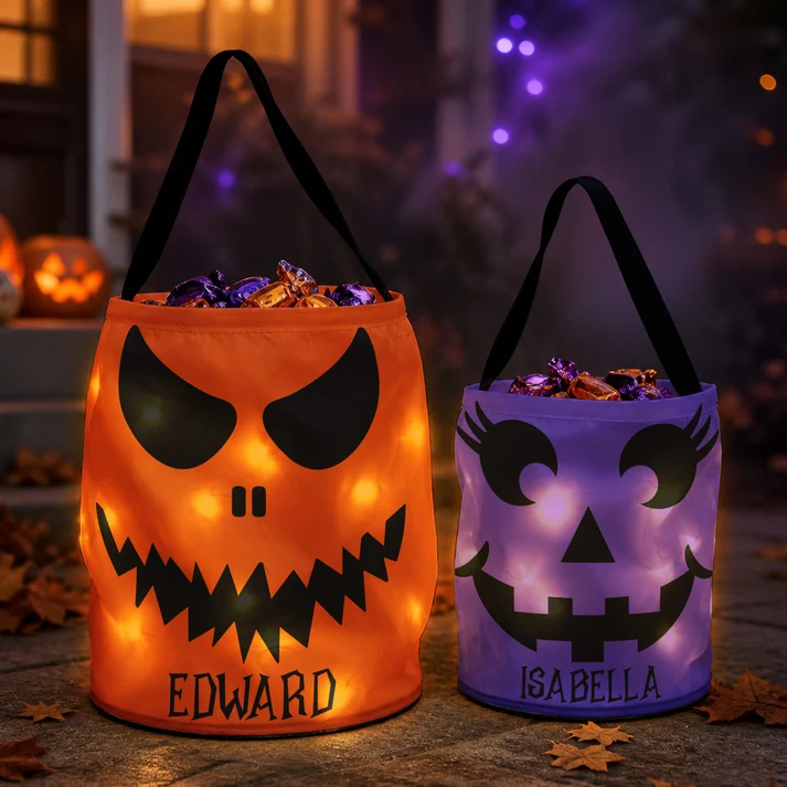 Halloween Candy Bag For Kids Scary Pumpkin Face - Personalized Halloween Candy Bag With LED Light - Gift For Grandson, Granddaughter, Son, Daughter
