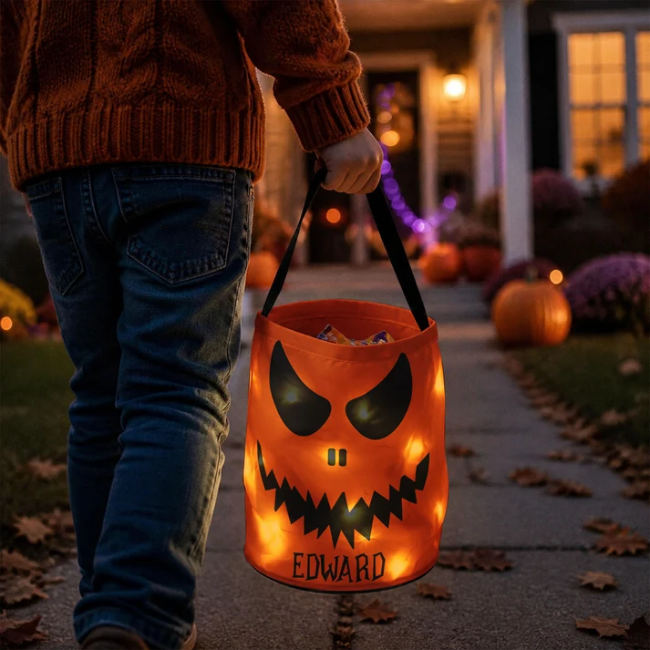 Halloween Candy Bag For Kids Scary Pumpkin Face - Personalized Halloween Candy Bag With LED Light - Gift For Grandson, Granddaughter, Son, Daughter