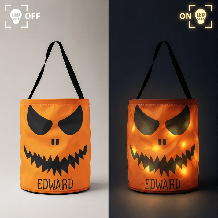 Halloween Candy Bag For Kids Scary Pumpkin Face - Personalized Halloween Candy Bag With LED Light - Gift For Grandson, Granddaughter, Son, Daughter