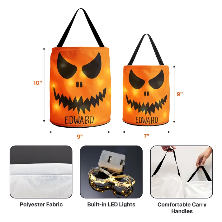 Halloween Candy Bag For Kids Scary Pumpkin Face - Personalized Halloween Candy Bag With LED Light - Gift For Grandson, Granddaughter, Son, Daughter