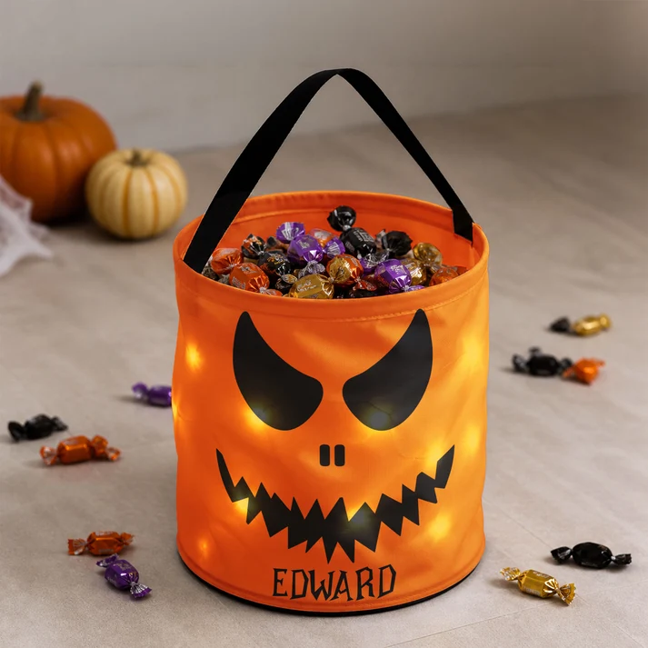 Halloween Candy Bag For Kids Scary Pumpkin Face - Personalized Halloween Candy Bag With LED Light - Gift For Grandson, Granddaughter, Son, Daughter