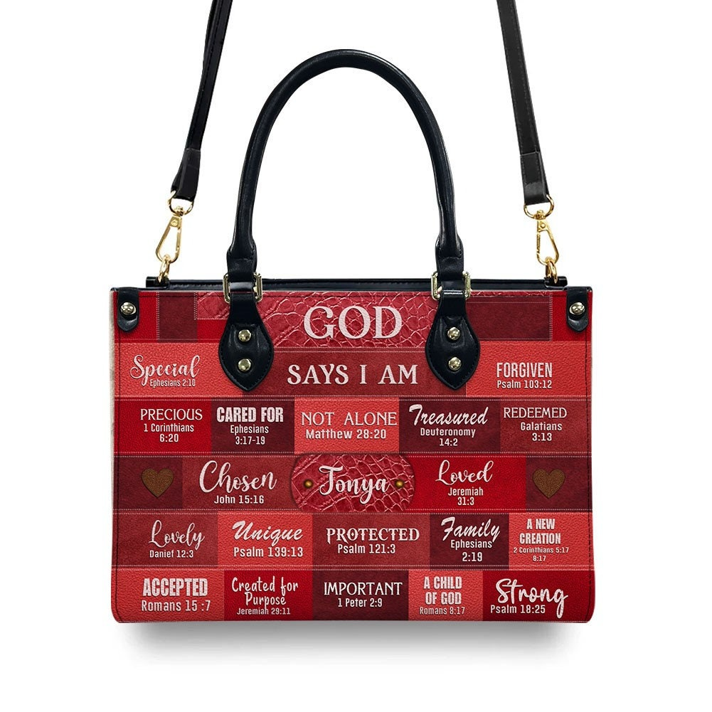 Personalized Christianartbag God Says I Am Red handbag, interior pockets and removable strap details
