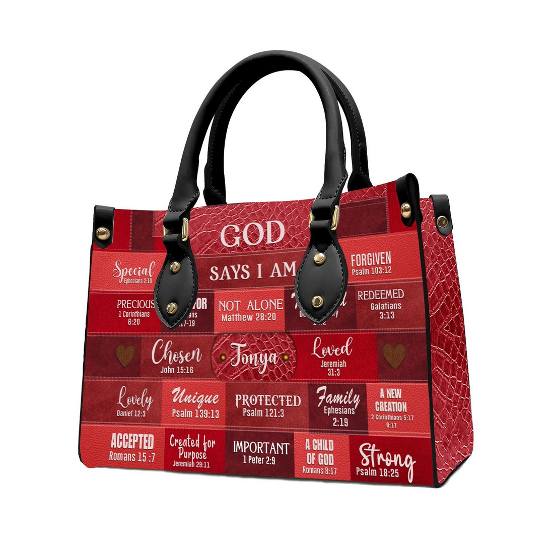 Personalized Christianartbag God Says I Am Red handbag, front view