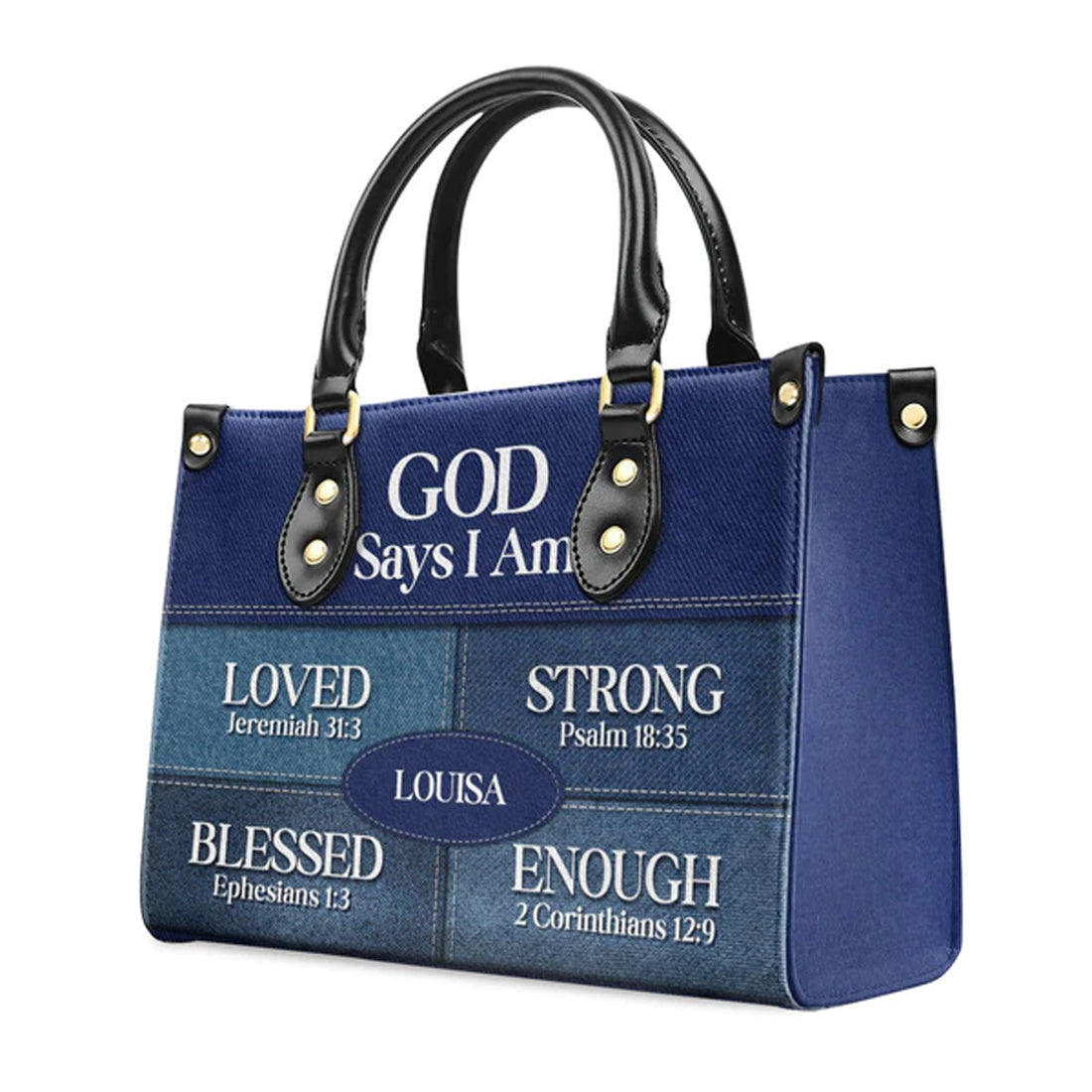 Personalized Christianartbag God Says I Am Blue handbag, front view