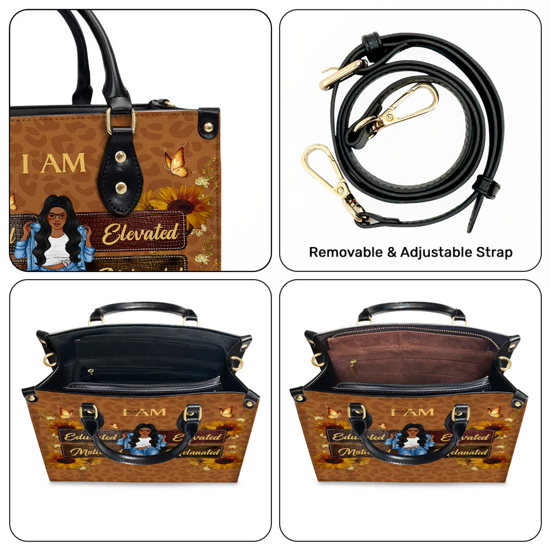 Personalized I Am Educated, Melanated leather handbag, interior pockets and removable strap details