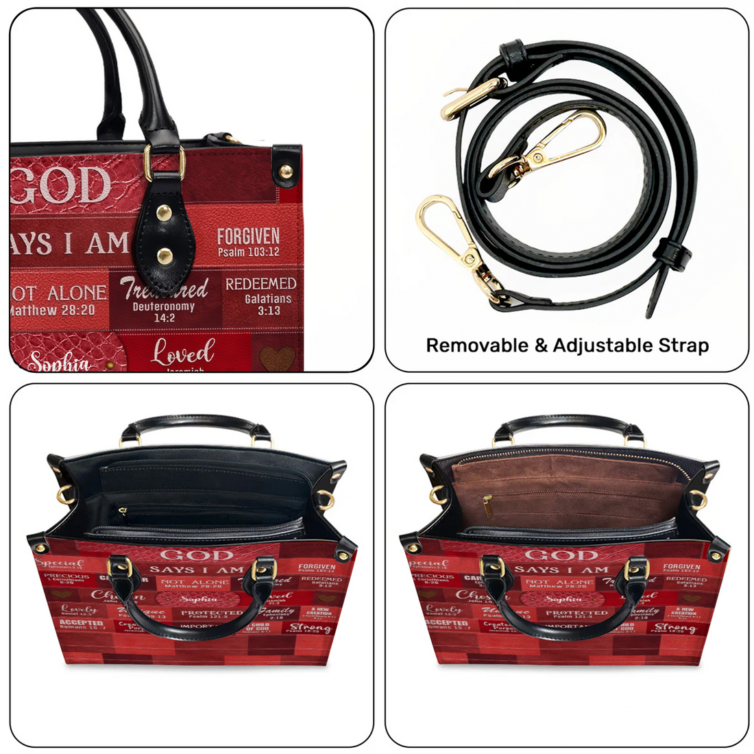 Personalized Christianartbag God Says I Am Red handbag, held at the hip