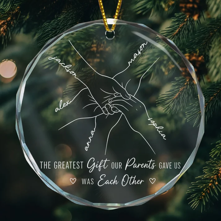 Hands Line Art Custom Name Gift For Sibling - Personalized Circle Glass Ornament - Christmas Gift For Brothers, Sisters, Siblings