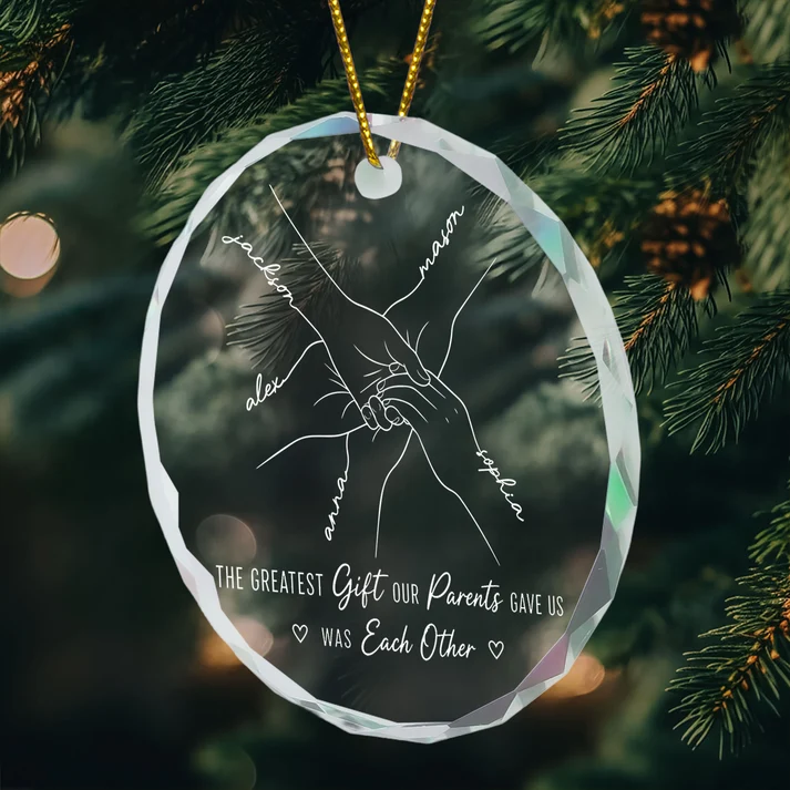 Hands Line Art Custom Name Gift For Sibling - Personalized Circle Glass Ornament - Christmas Gift For Brothers, Sisters, Siblings