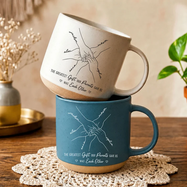 Hands Print Line Art Custom Name - Personalized Pottery Mug - Gift For Brothers, Sisters, Siblings