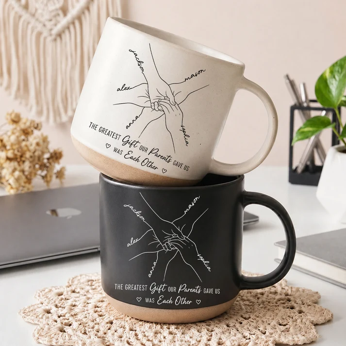 Hands Print Line Art Custom Name - Personalized Pottery Mug - Gift For Brothers, Sisters, Siblings
