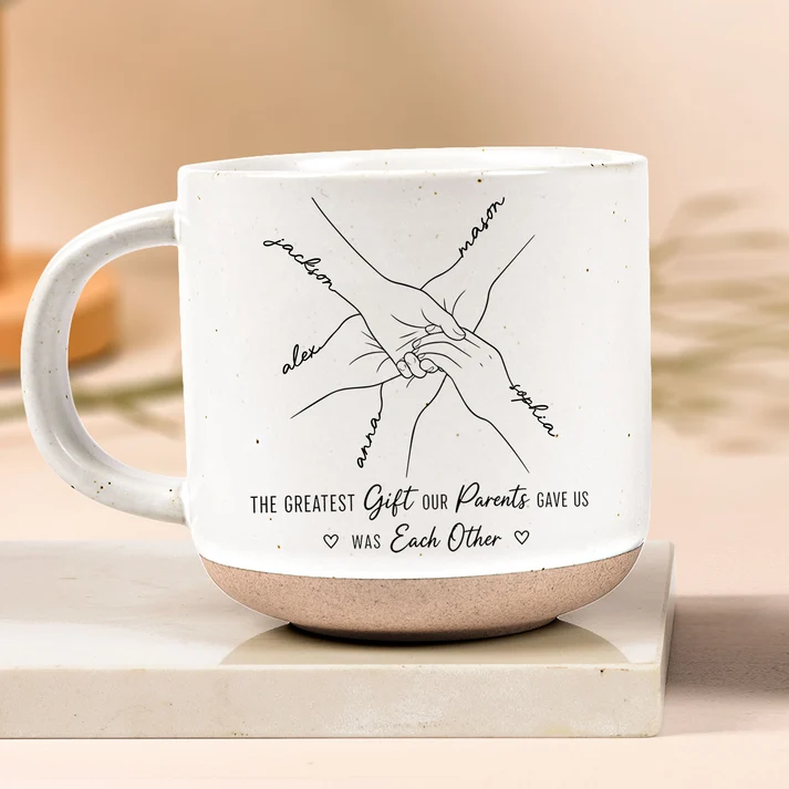 Hands Print Line Art Custom Name - Personalized Pottery Mug - Gift For Brothers, Sisters, Siblings