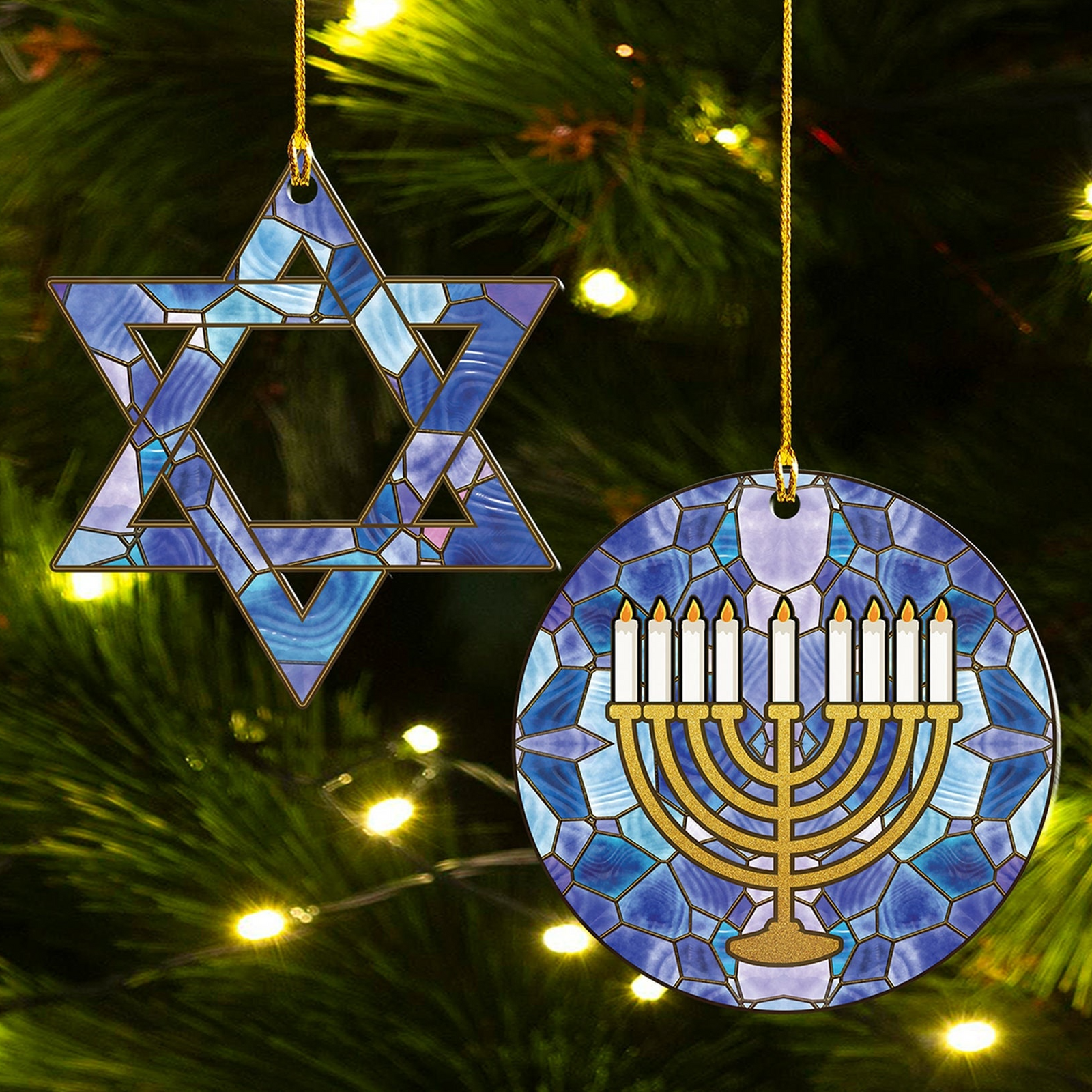 Acrylic Menorah and Star of David for Hanukkah Tree - Custom Shaped Acrylic Ornament - Interfaith Family Gift Ideas, Jewish and Christian Family Decorations