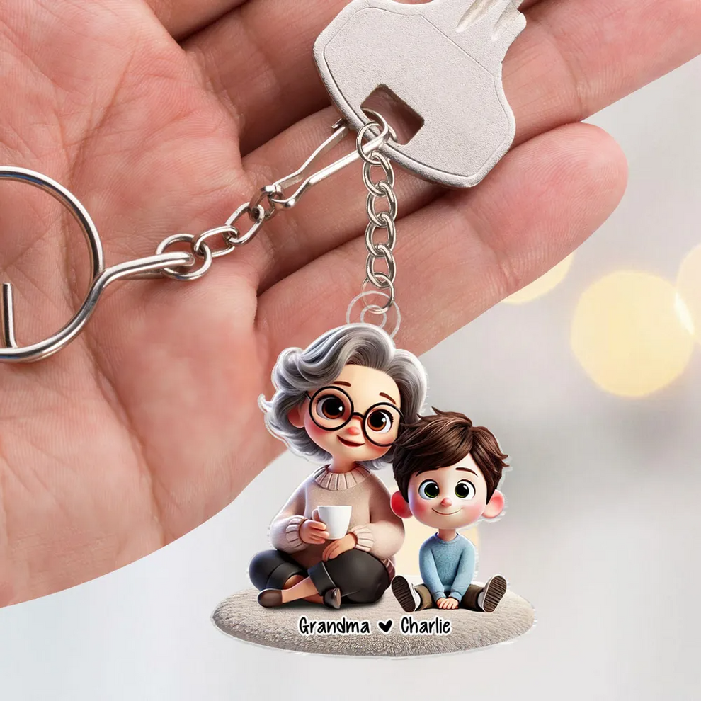 Happy Grandma &amp; Grandkid Sitting - Personalized Acrylic Keychain - Gift for Grandma, Nana, Grammy