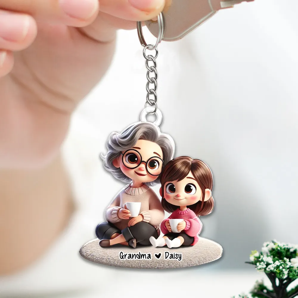Happy Grandma & Grandkid Sitting - Personalized Acrylic Keychain - Gift for Grandma, Nana, Grammy