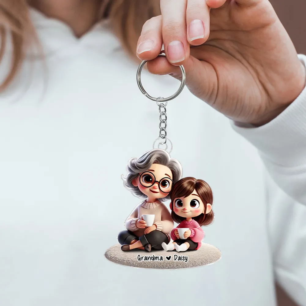 Happy Grandma & Grandkid Sitting - Personalized Acrylic Keychain - Gift for Grandma, Nana, Grammy