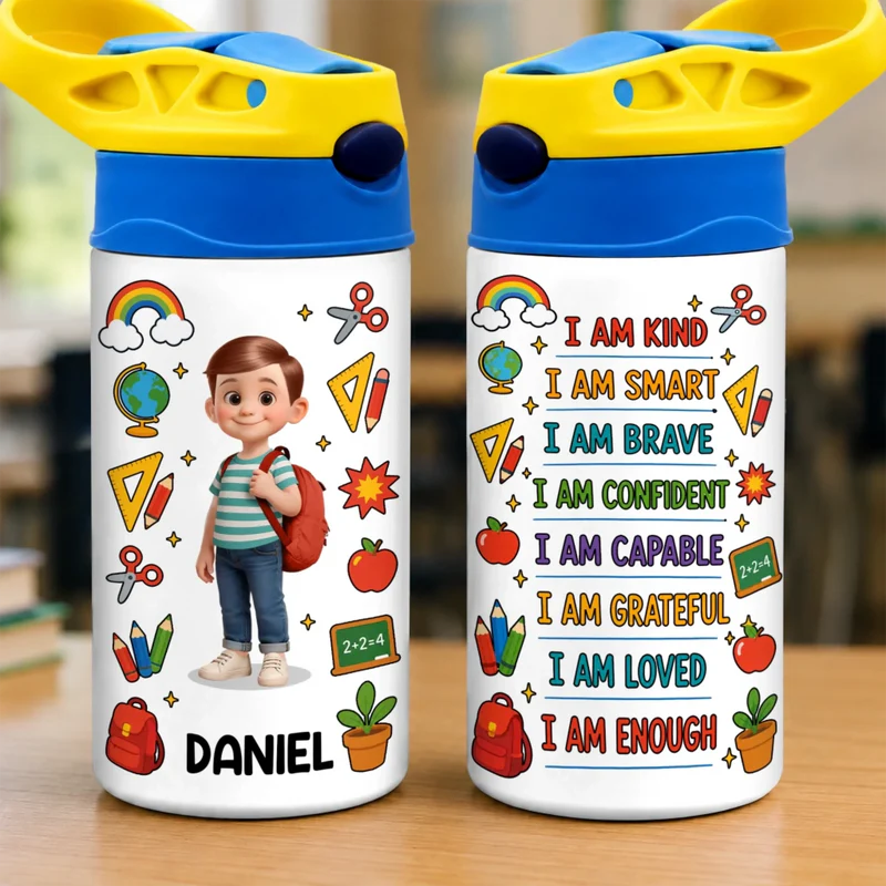 Happy Mind Happy Heart Kids Back To School - Personalized Kids Insulated Water Bottle - Gift For Back To School, First Day of School - Student, Son, Daughter | Kindergarten, Pre-K, Preschool