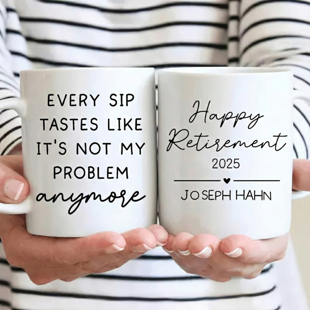 Funny Retirement Mug: "Not My Problem Anymore" Personalized Coffee Cup - Custom Farewell Gift for Coworkers, Boss, or Dad on Retirement