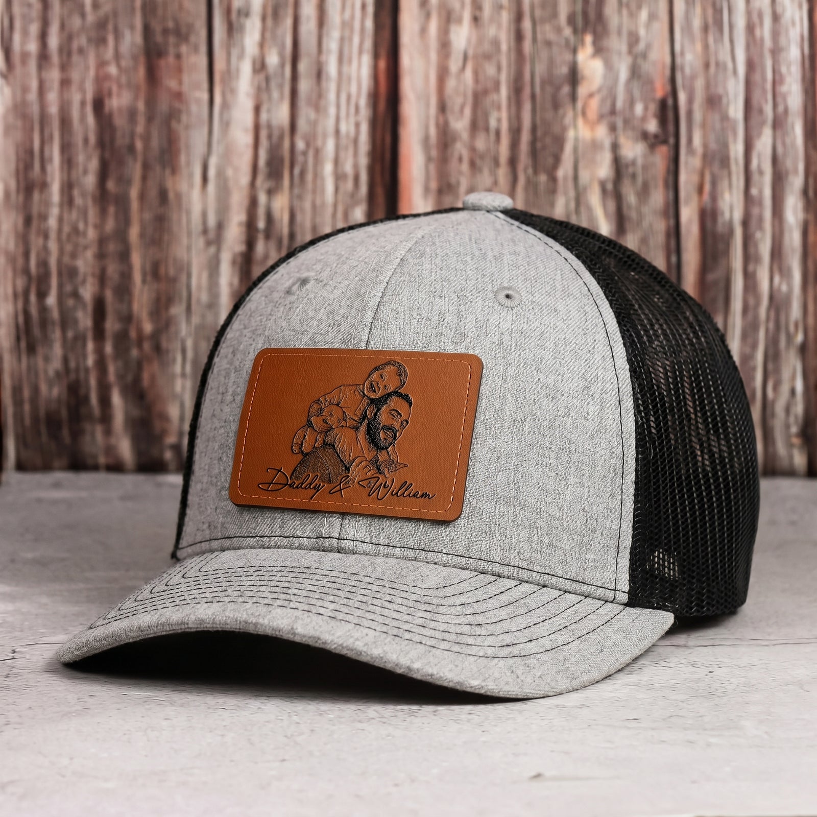 Custom Photo Sketch Line Art Dad - Personalized Leather Patch Hat - Father's Day Gifts for Husband, Dad, Daddy, Grandpa, Papa