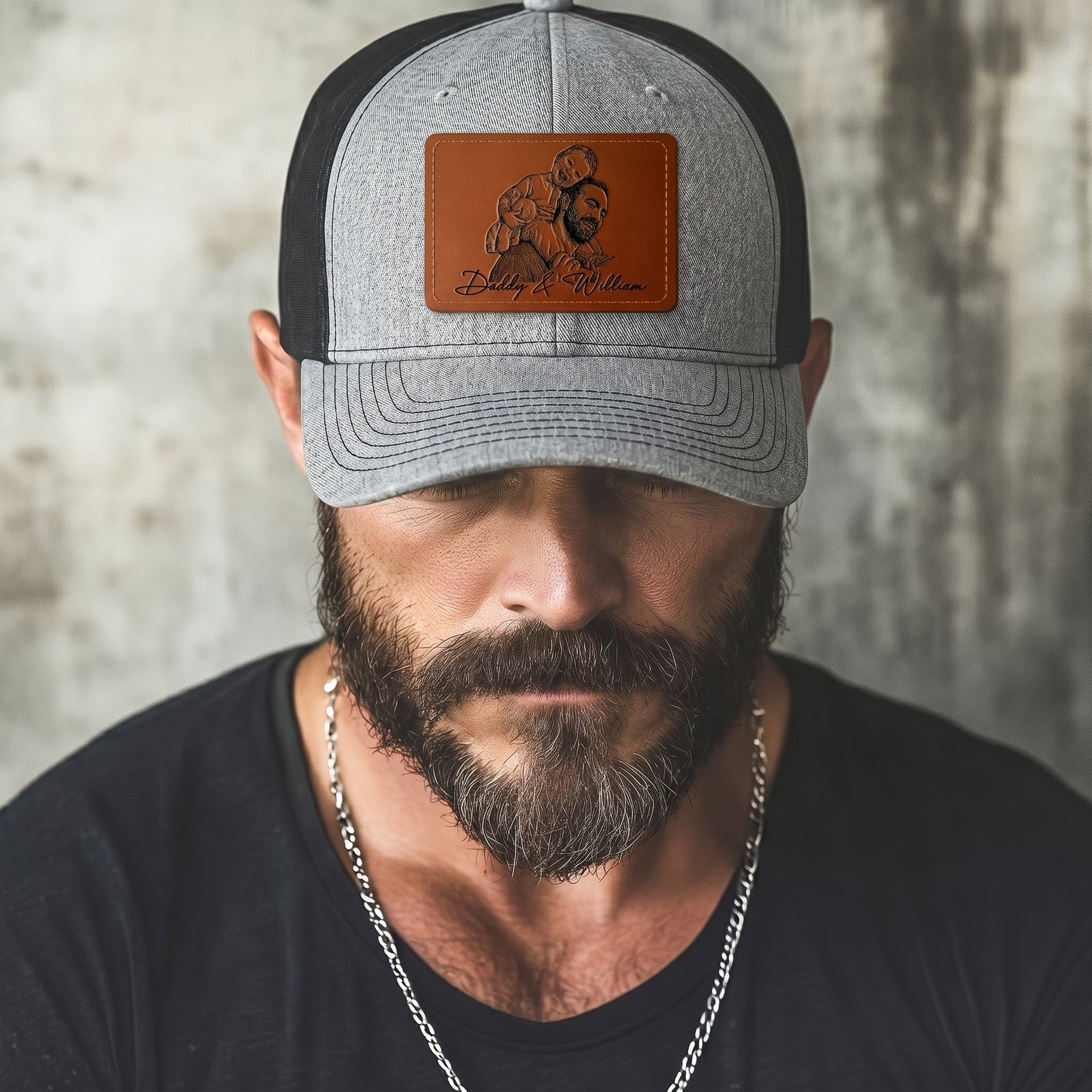 Custom Photo Sketch Line Art Dad - Personalized Leather Patch Hat - Father's Day Gifts for Husband, Dad, Daddy, Grandpa, Papa