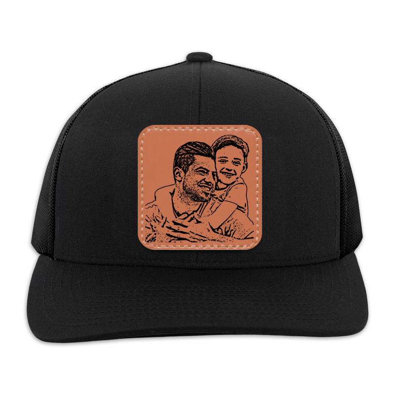 Custom Photo Outline Portrait - Personalized Leather Patch Hat - Father's Day Gift for Him, Husband, Daddy