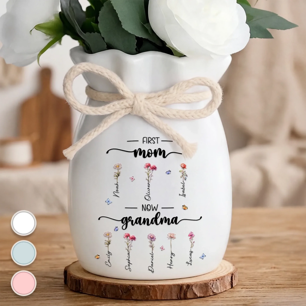 Her Love Bloomed Into Generations First Mom Now Grandma - Personalized Flower Vase With Ribbon - Mother's Day Gift For Mom, Grandma